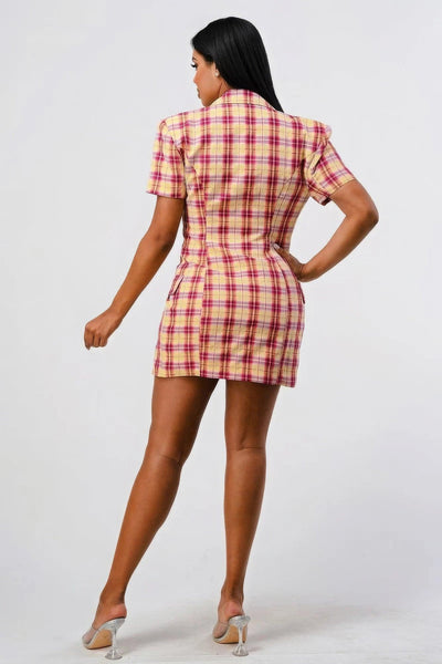 Wide Collared Double Breasted Plaid Blazer Mini Dress - AMIClubwear