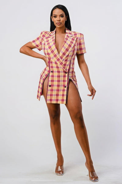 Wide Collared Double Breasted Plaid Blazer Mini Dress - AMIClubwear