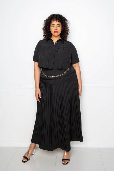 Pleated Cropped Shirt And Maxi Skirt Set - AMIClubwear