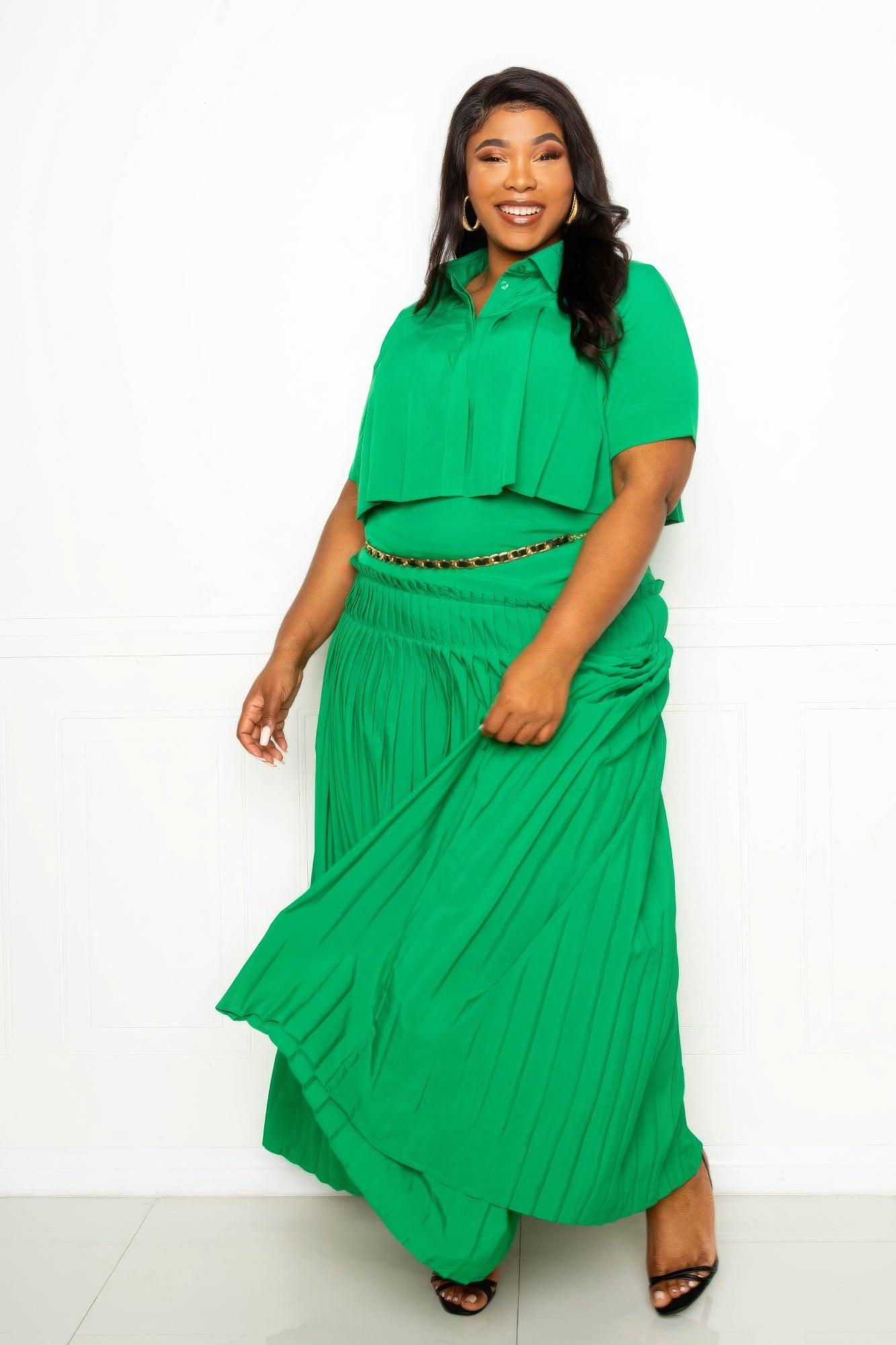 Pleated Cropped Shirt And Maxi Skirt Set - AMIClubwear