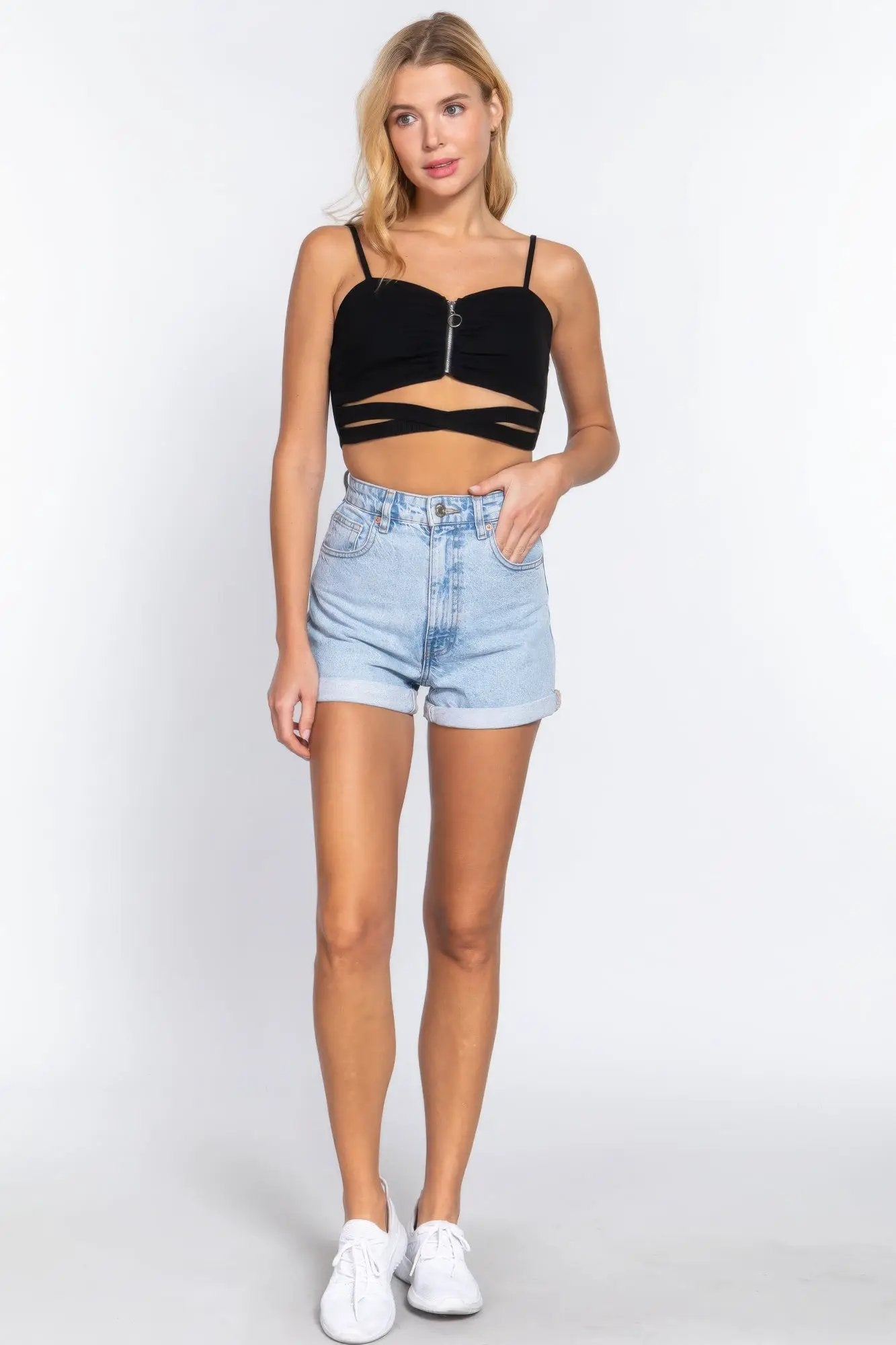 Zippered Cross Rib Knit Crop Cami