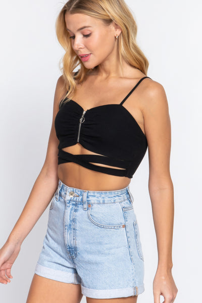 Zippered Cross Rib Knit Crop Cami