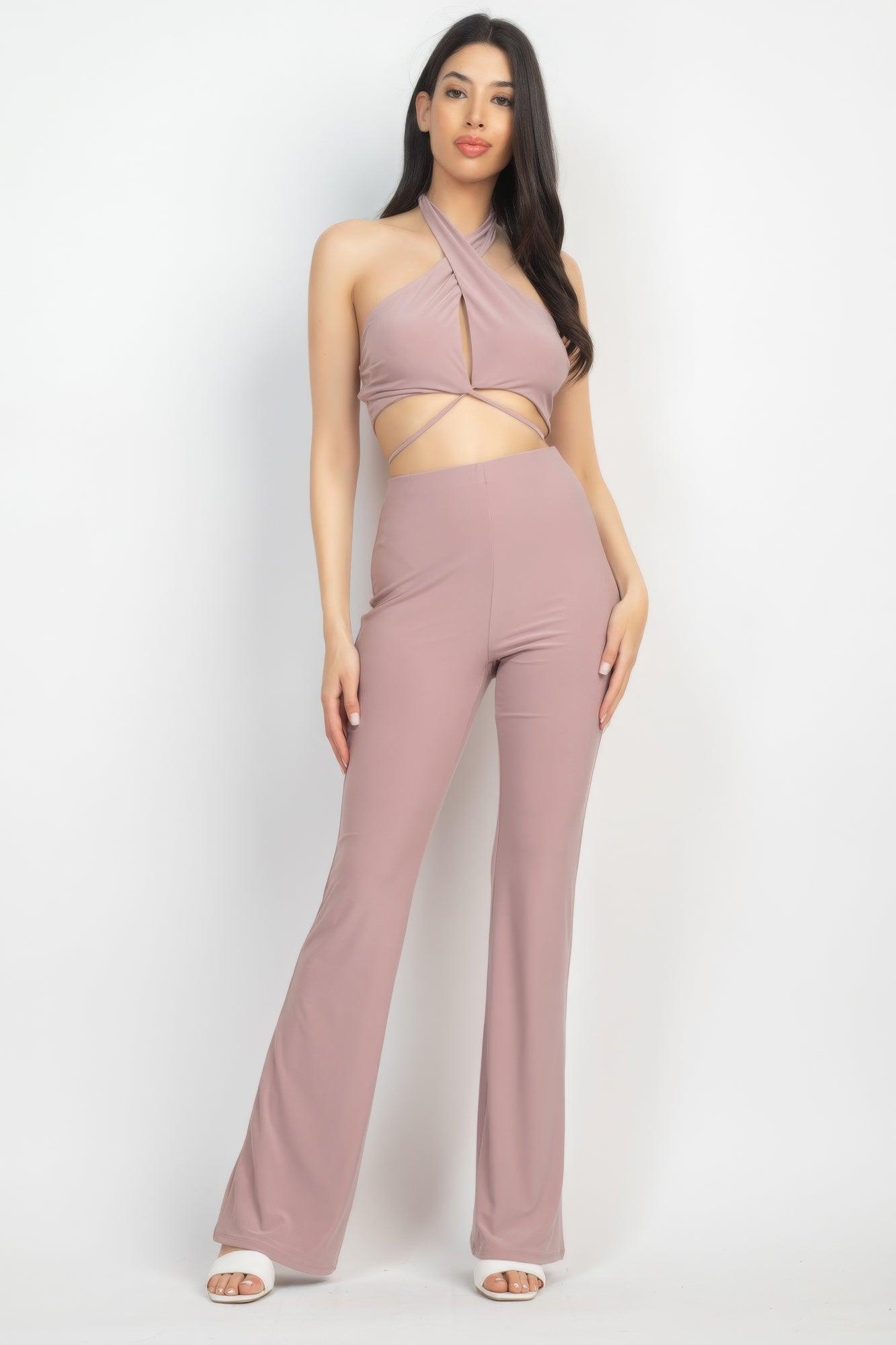 Solid Halter Top And Elastic Leggings Set - AMIClubwear