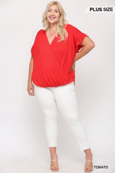 Solid Viscose Knit Surplice Top With Ruffle Sleeve