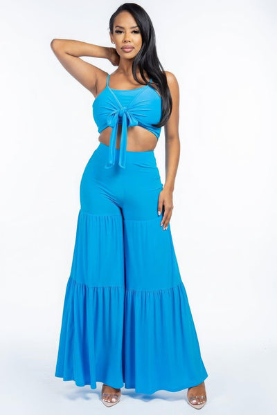 Solid Tie Front Spaghetti Strap Tank Top And Tiered Wide Leg Pants Two Piece Set - AMIClubwear