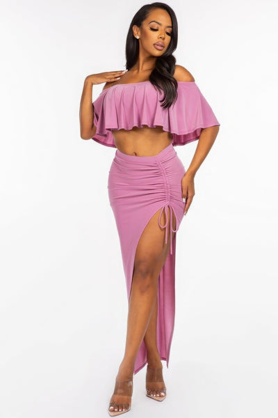 Solid Ity Off The Shoulder Ruffled Cropped Top And Ruched Maxi Skirt Two Piece Set - AMIClubwear