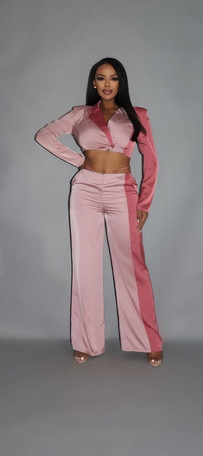 Colorblock Crop Blazer With Matching Low Rise Wide Leg Pant Set With Pockets - AMIClubwear