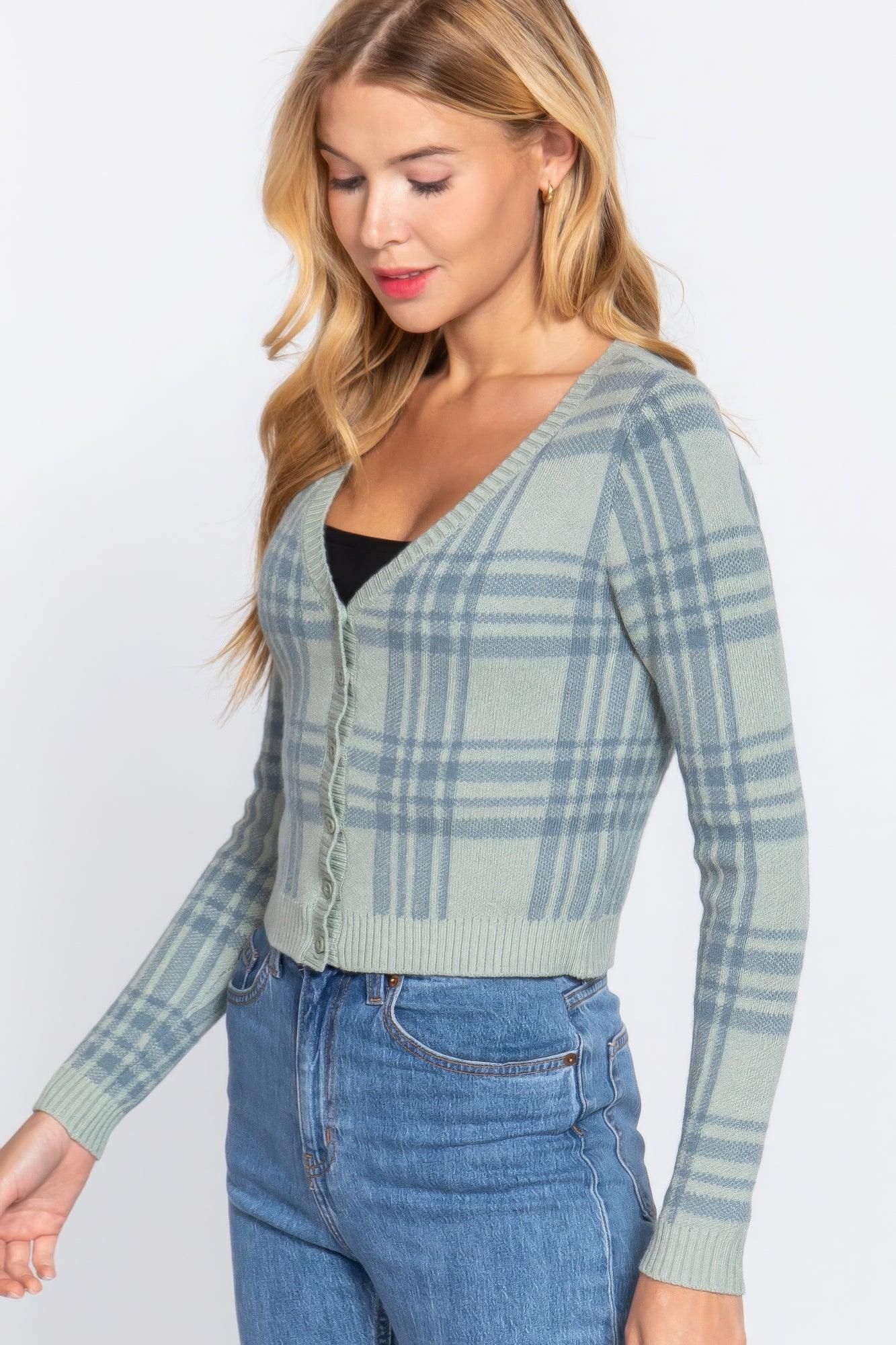 Long Sleeve V-neck Fitted Button Down Plaid Sweater Cardigan - AMIClubwear