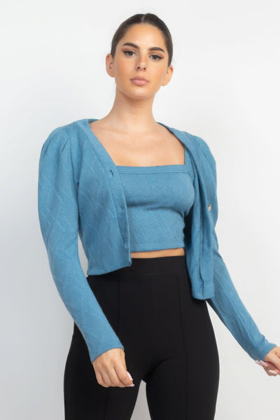 Geometric Cami Puff Sleeves Blazer Top Set - AMIClubwear