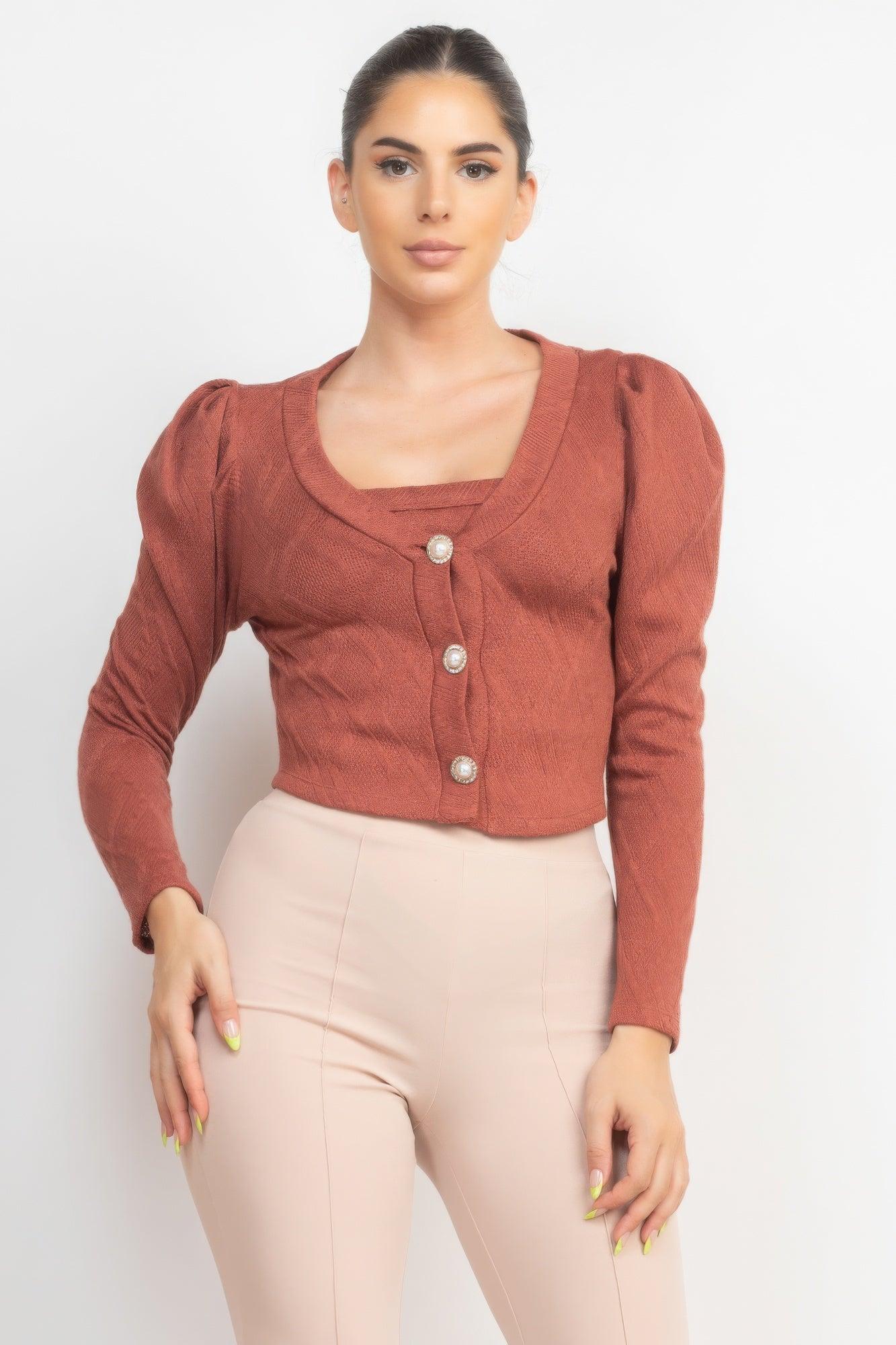 Geometric Cami Puff Sleeves Blazer Top Set - AMIClubwear