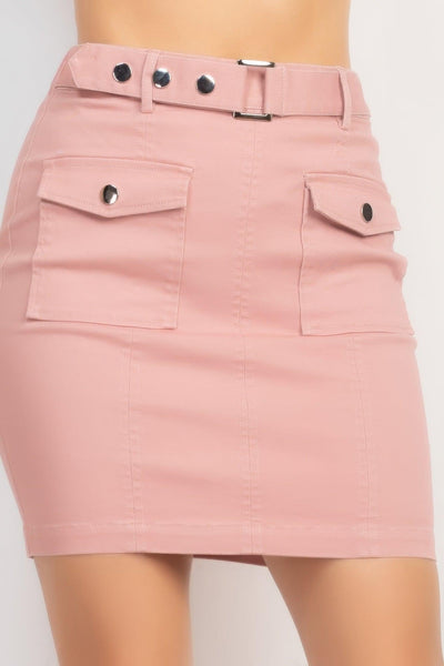 Belted Pocket Solid Mini Skirt - AMIClubwear