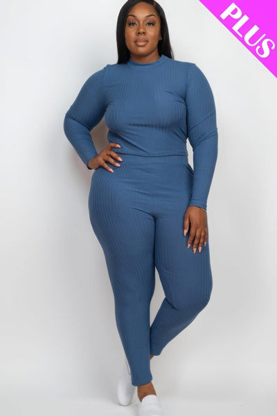 Plus Ribbed Mock Neck Long Sleeve Top & Leggings Set - AMIClubwear