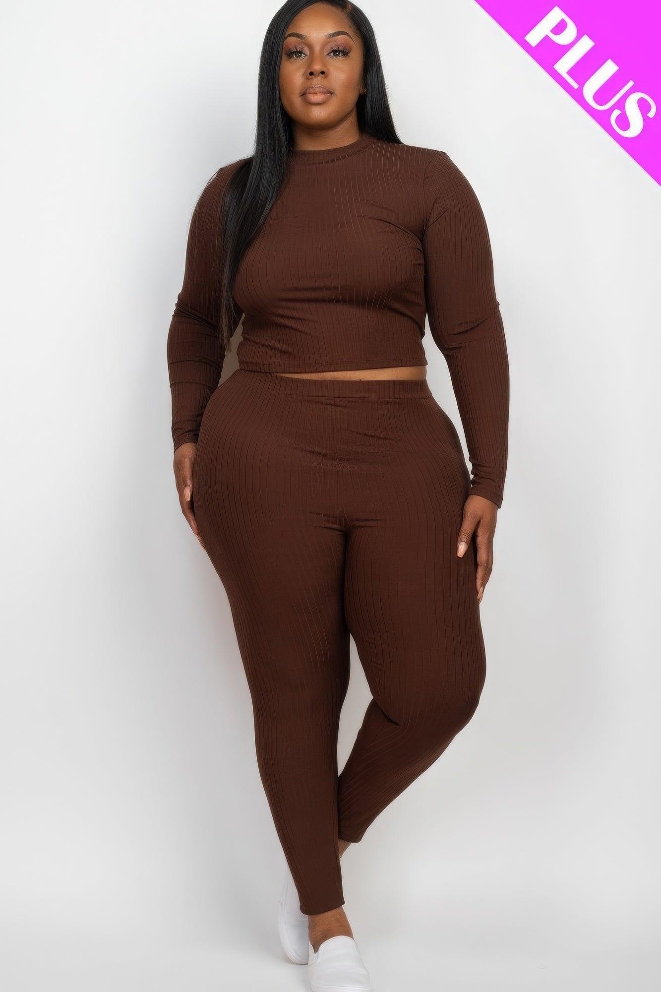 Plus Ribbed Mock Neck Long Sleeve Top & Leggings Set - AMIClubwear