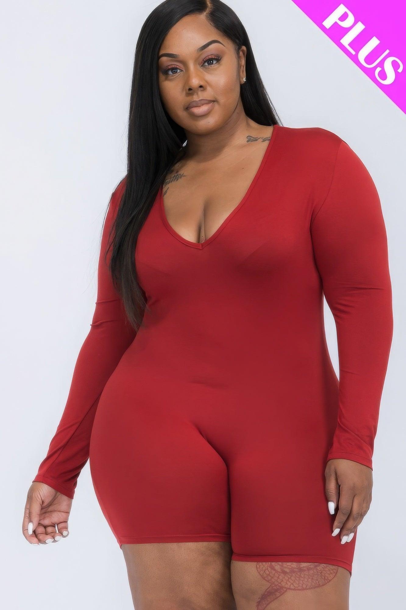 Plus V-neck Long Sleeve Bodycon Romper - AMIClubwear