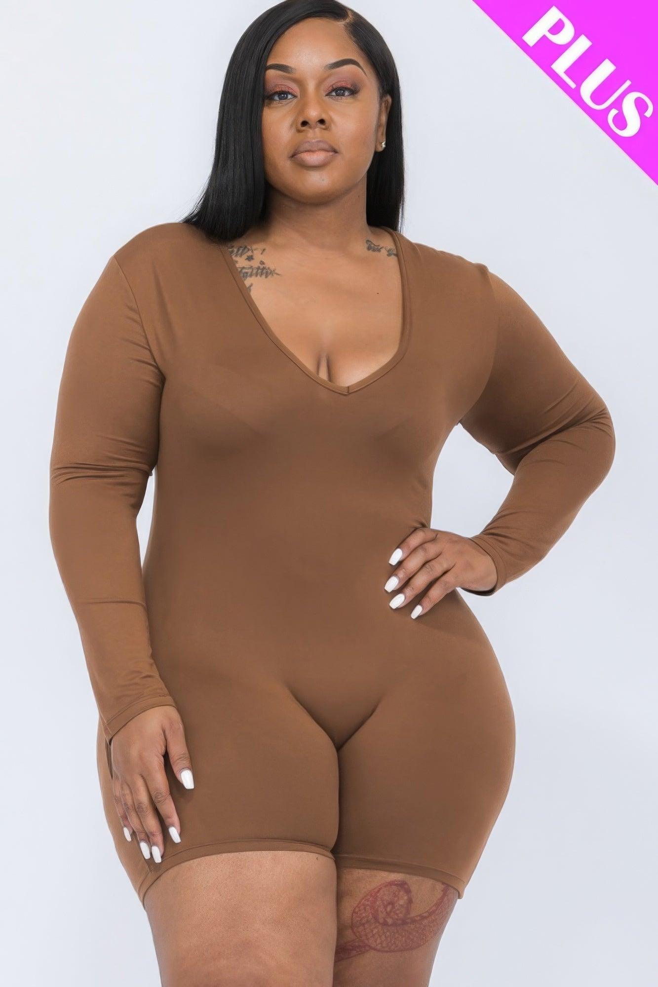 Plus V-neck Long Sleeve Bodycon Romper - AMIClubwear