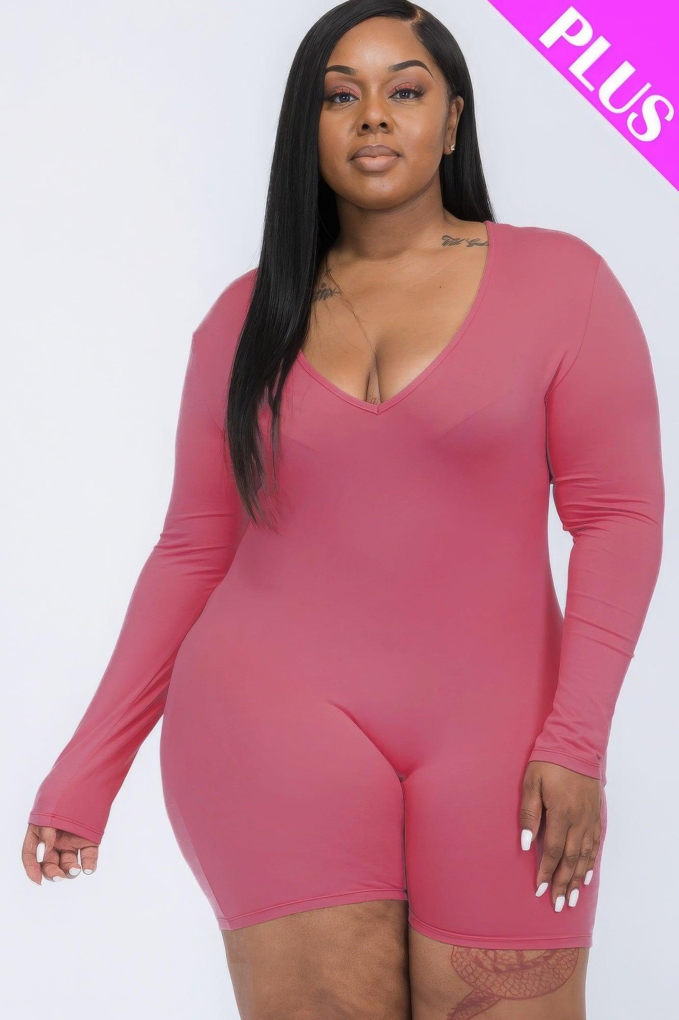 Plus V-neck Long Sleeve Bodycon Romper - AMIClubwear