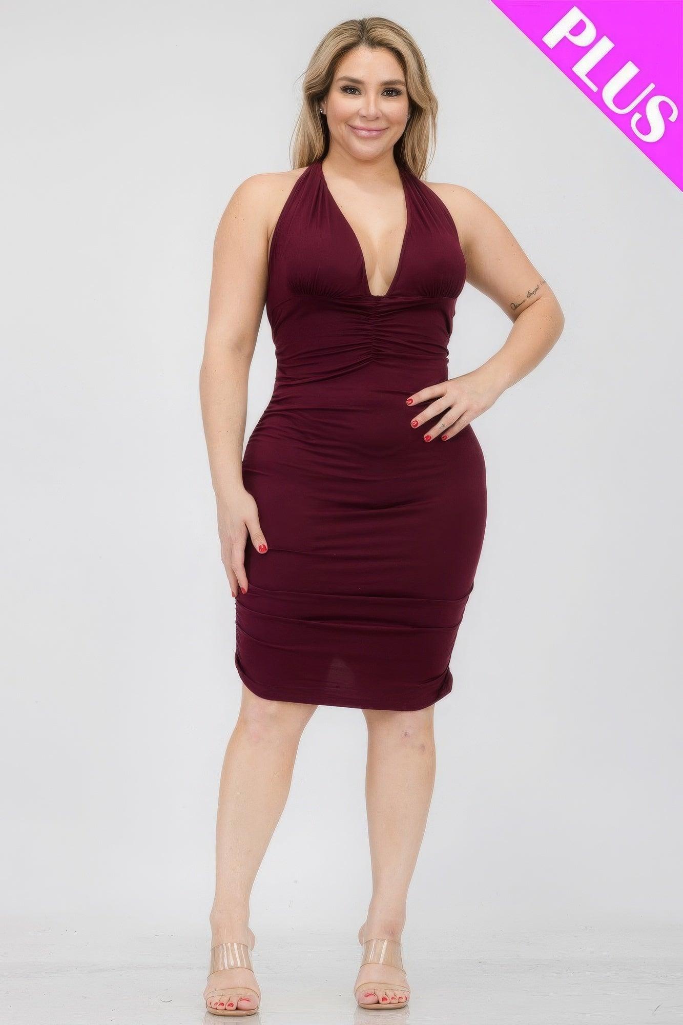 Plus Plunging Neck Crisscross Back Ruched Bodycon Mini Dress - AMIClubwear