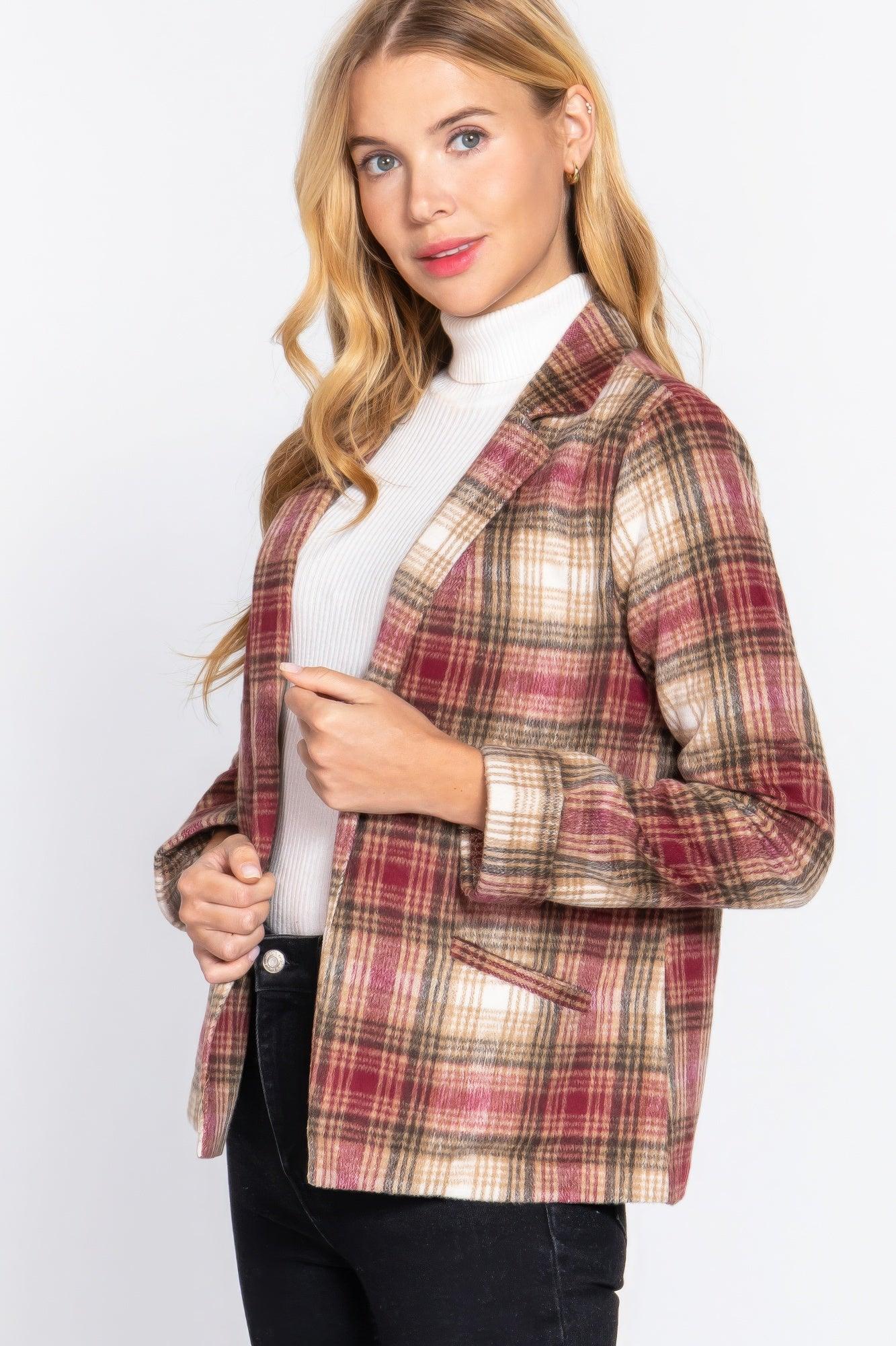 Notched Collar Plaid Jacket - AMIClubwear