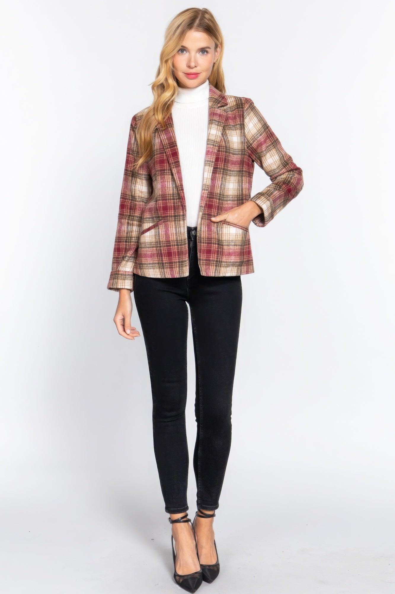 Notched Collar Plaid Jacket - AMIClubwear