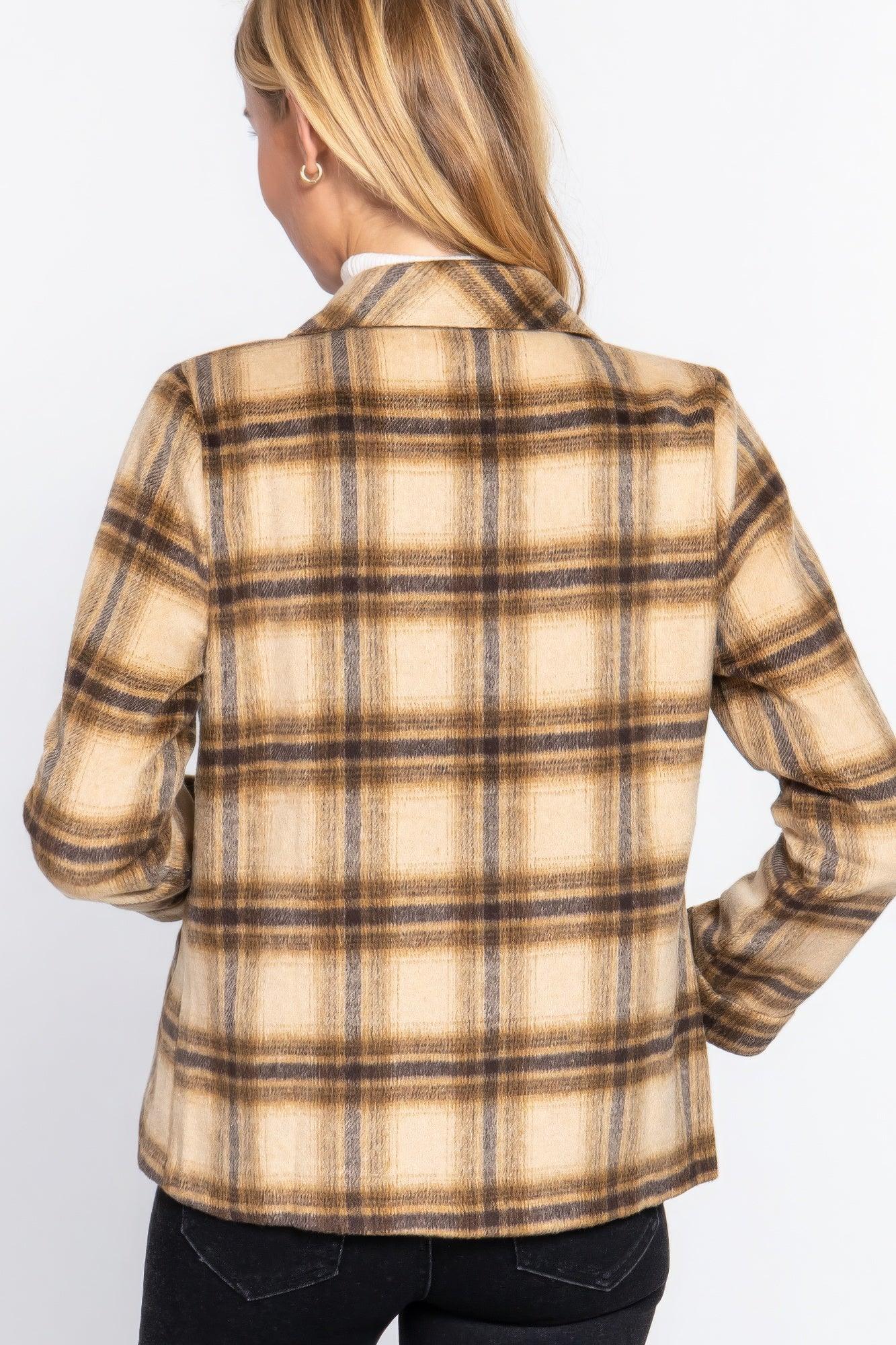 Notched Collar Plaid Jacket - AMIClubwear