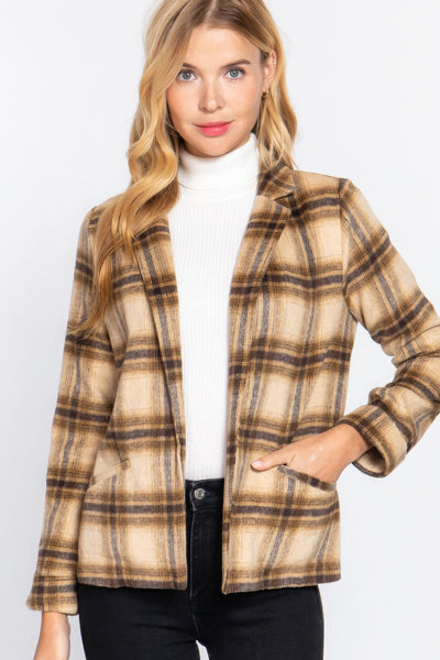 Notched Collar Plaid Jacket - AMIClubwear