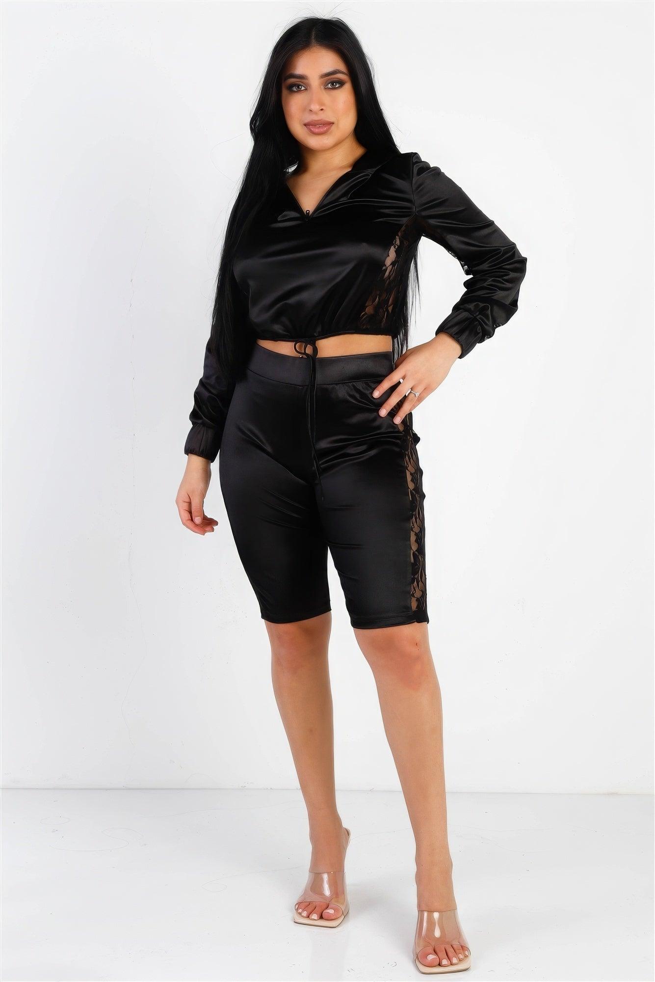 Satin Lace Details Long Sleeve Hooded Crop Top & Biker Short Set - AMIClubwear