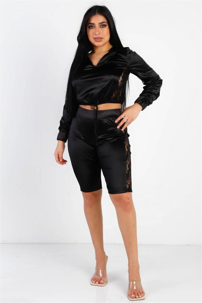 Satin Lace Details Long Sleeve Hooded Crop Top & Biker Short Set - AMIClubwear