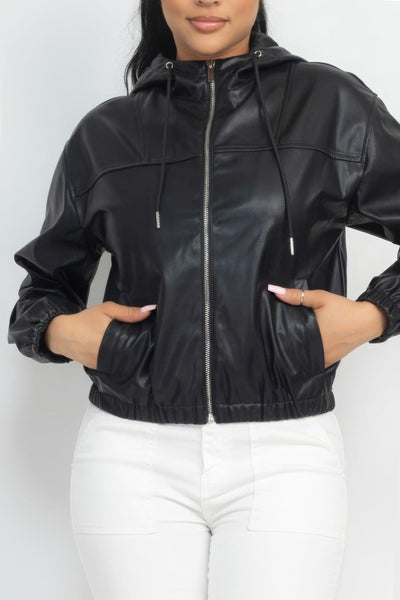 Faux Leather Hoodie Jacket - AMIClubwear