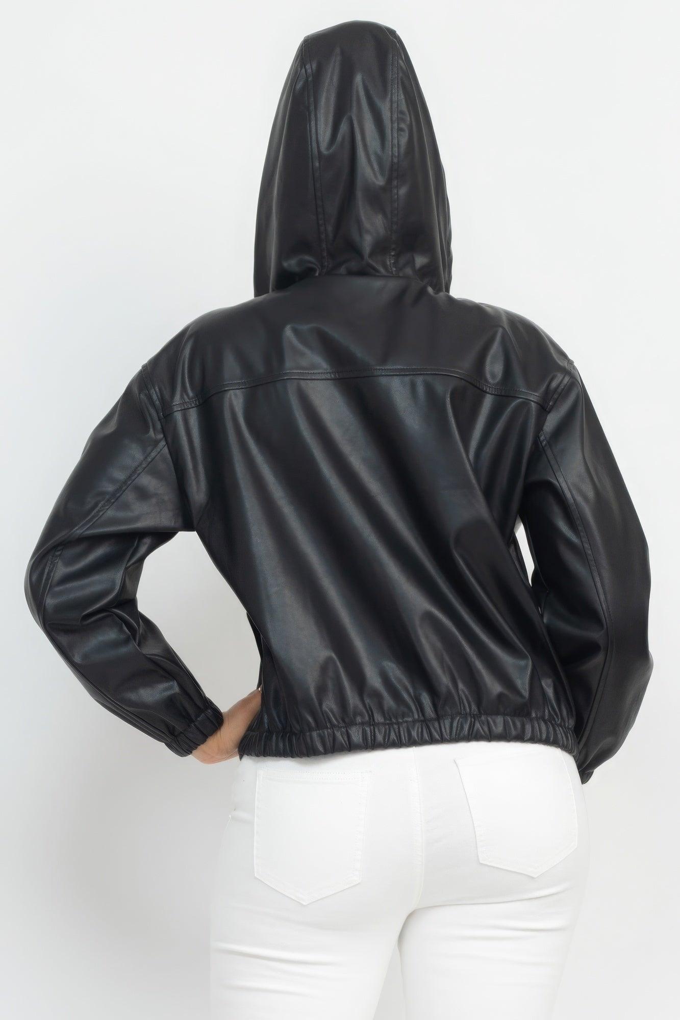 Faux Leather Hoodie Jacket - AMIClubwear