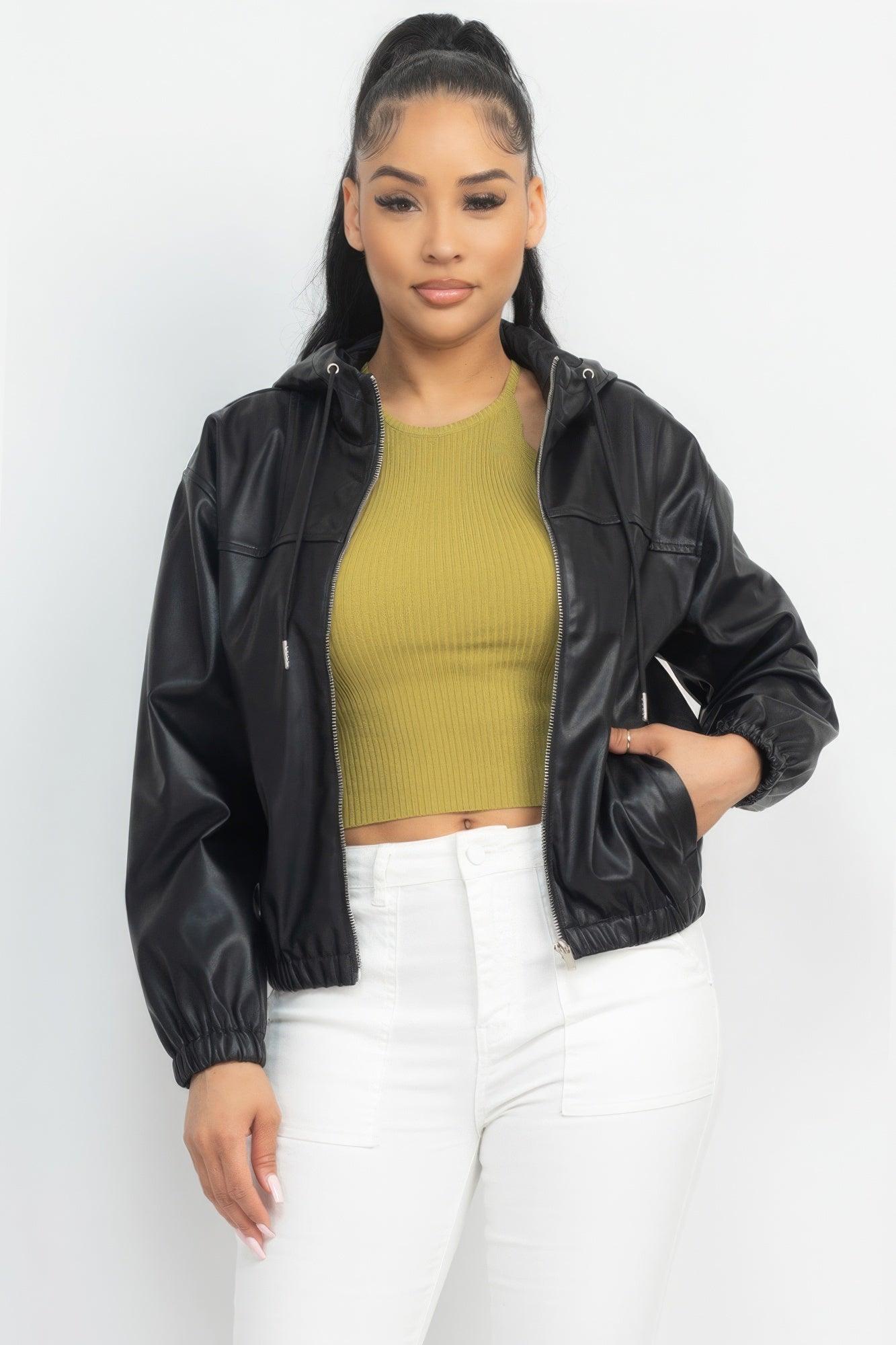 Faux Leather Hoodie Jacket - AMIClubwear