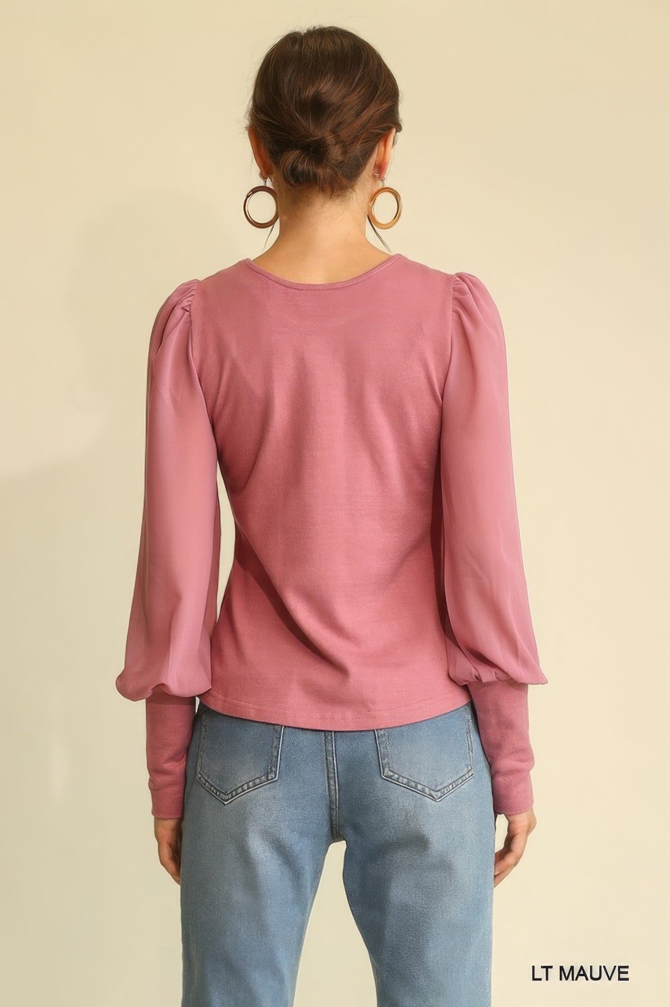 Solid Knit And Chiffon Mixed Top With Puff Long Sleeve