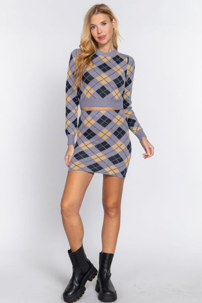 Argyle Jacquard Sweater Mini Skirt - AMIClubwear