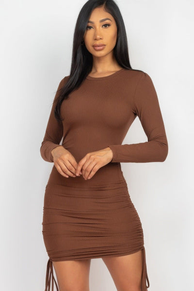 Ribbed long sleeve drawstring bodycon dress - AMIClubwear