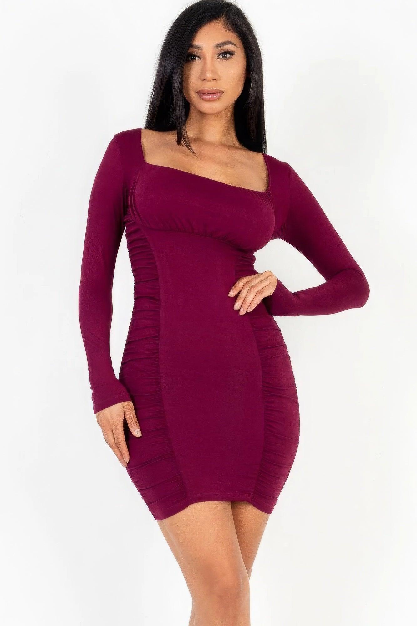 U-neck long sleeve ruched bodycon mini dress - AMIClubwear