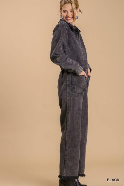 Mid button down stone wash wide leg distressed jumpsuit & side pockets with no lining - AMIClubwear