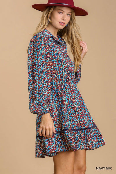 Collared neckline button down floral print dress with crochet trimmed details - AMIClubwear