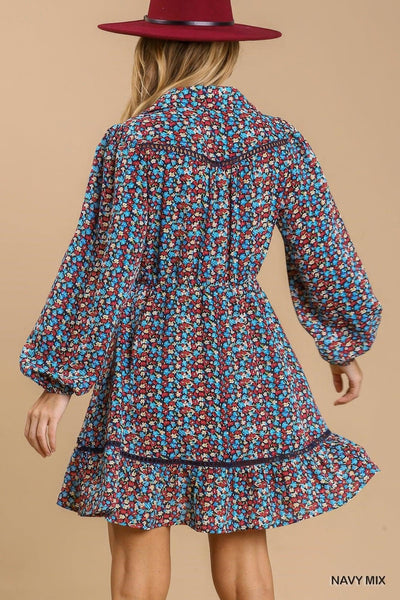 Collared neckline button down floral print dress with crochet trimmed details - AMIClubwear