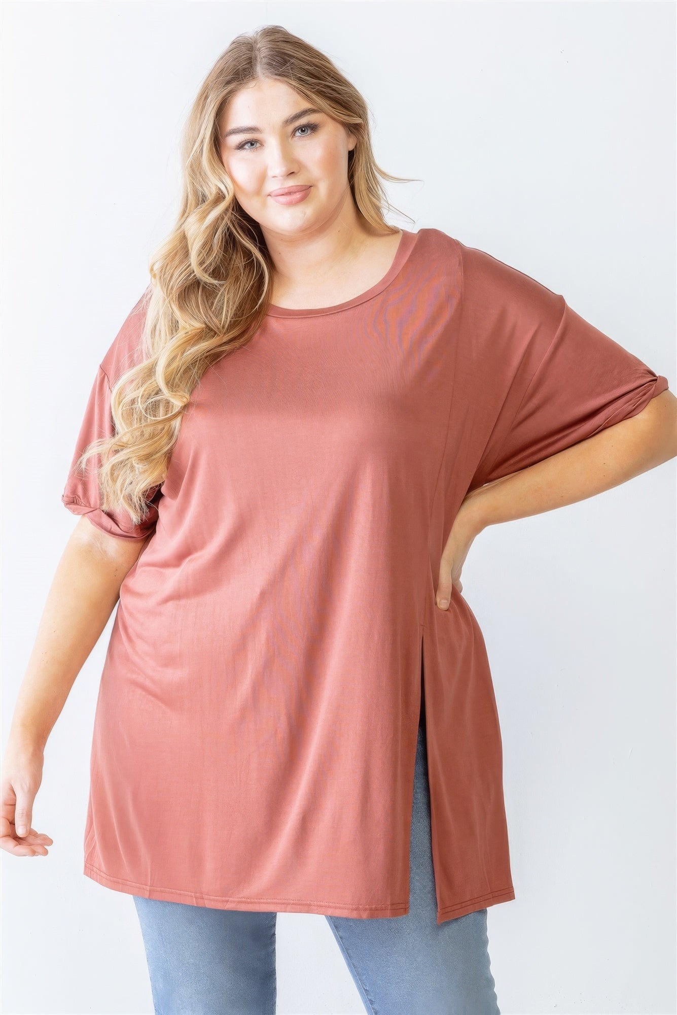 Plus Brick Round Neck Short Sleeve Relax Top