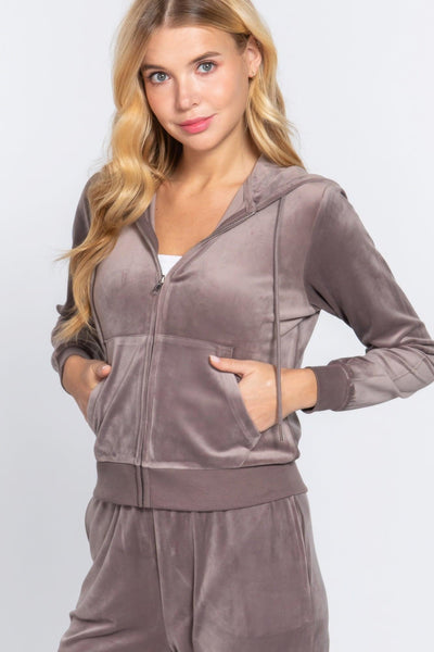 Long Sleeve Velour Hoodie Zip Up Jacket - AMIClubwear