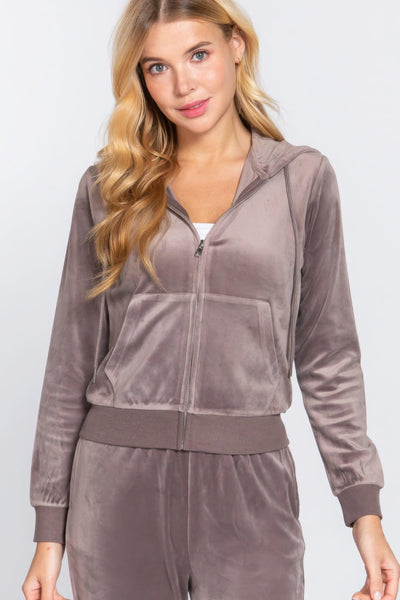 Long Sleeve Velour Hoodie Zip Up Jacket - AMIClubwear