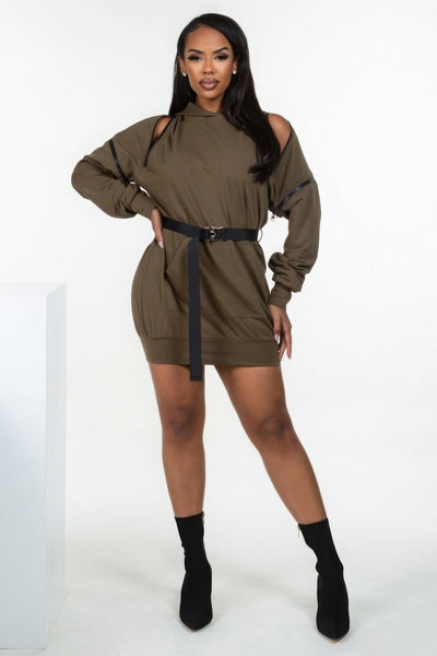 Double Zipper Long Sleeve Hooded Mini Dress - AMIClubwear
