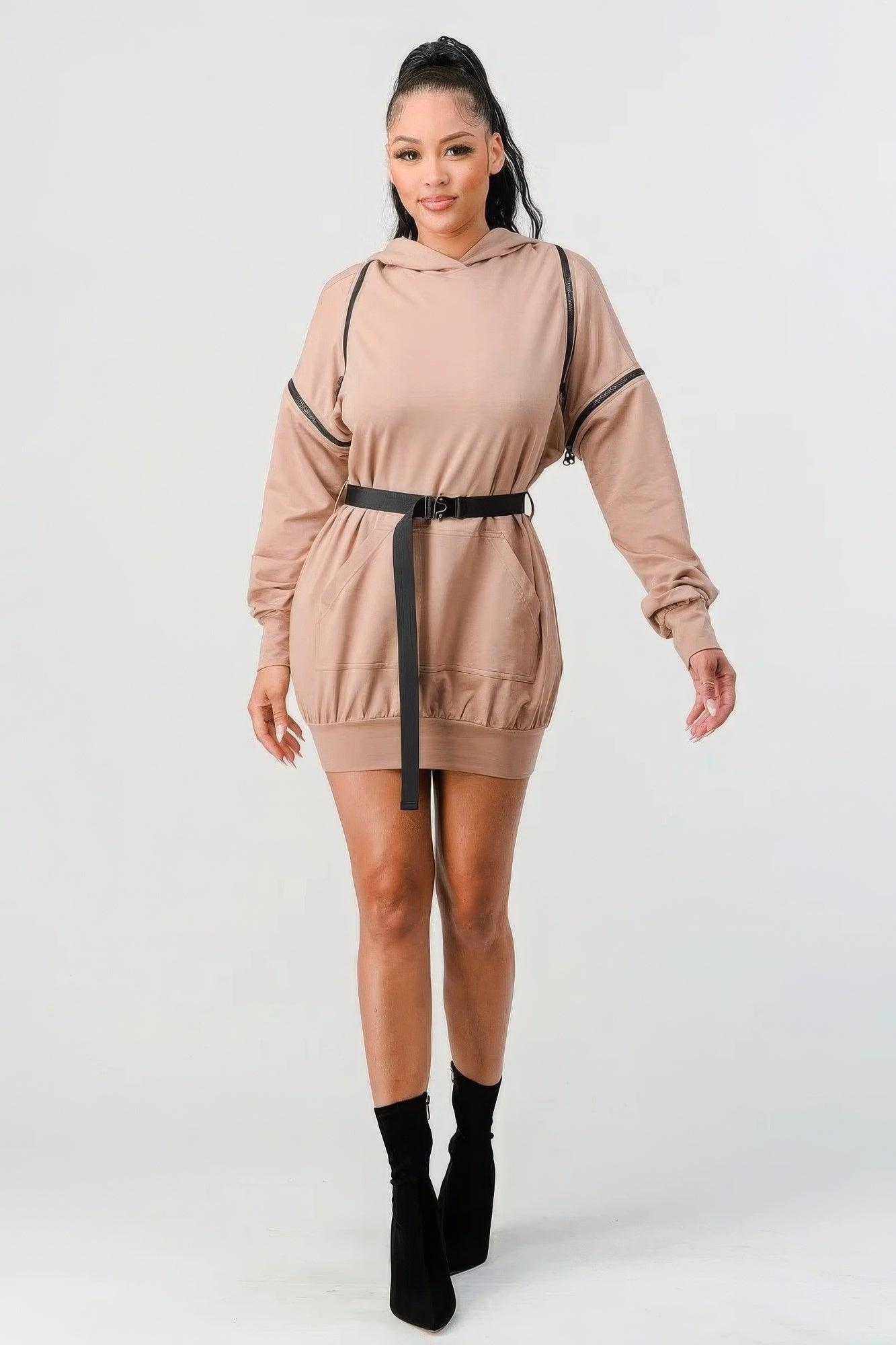 Double Zipper Long Sleeve Hooded Mini Dress - AMIClubwear