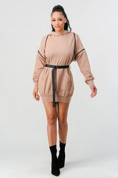 Double Zipper Long Sleeve Hooded Mini Dress - AMIClubwear