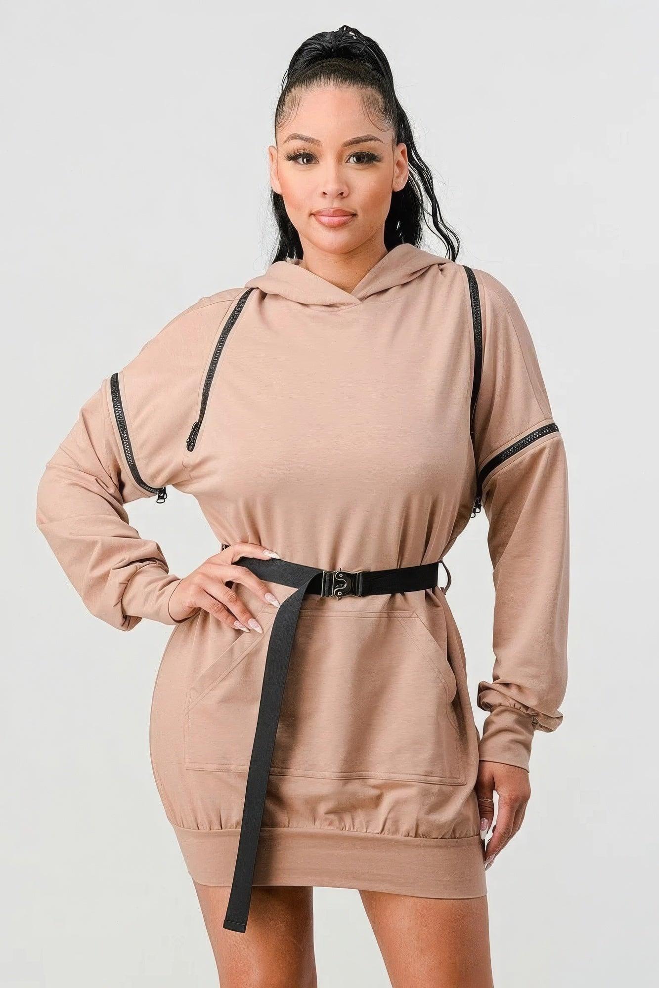 Double Zipper Long Sleeve Hooded Mini Dress - AMIClubwear