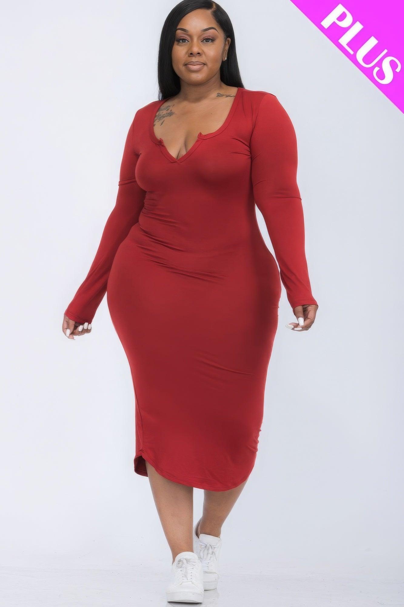 Plus Size Split Neck Long Sleeve Midi Dress - AMIClubwear