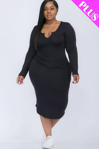 Plus Size Split Neck Long Sleeve Midi Dress - AMIClubwear