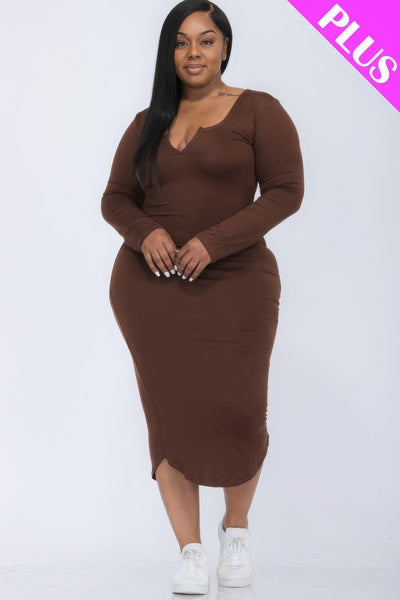 Plus Size Split Neck Long Sleeve Midi Dress - AMIClubwear