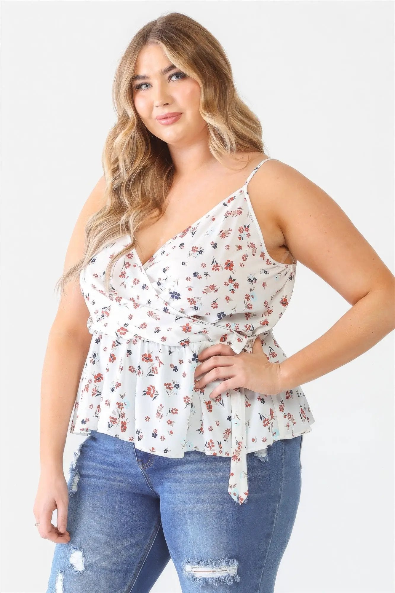 Plus Floral Sleeveless Wrap Neck Flare Hem Top