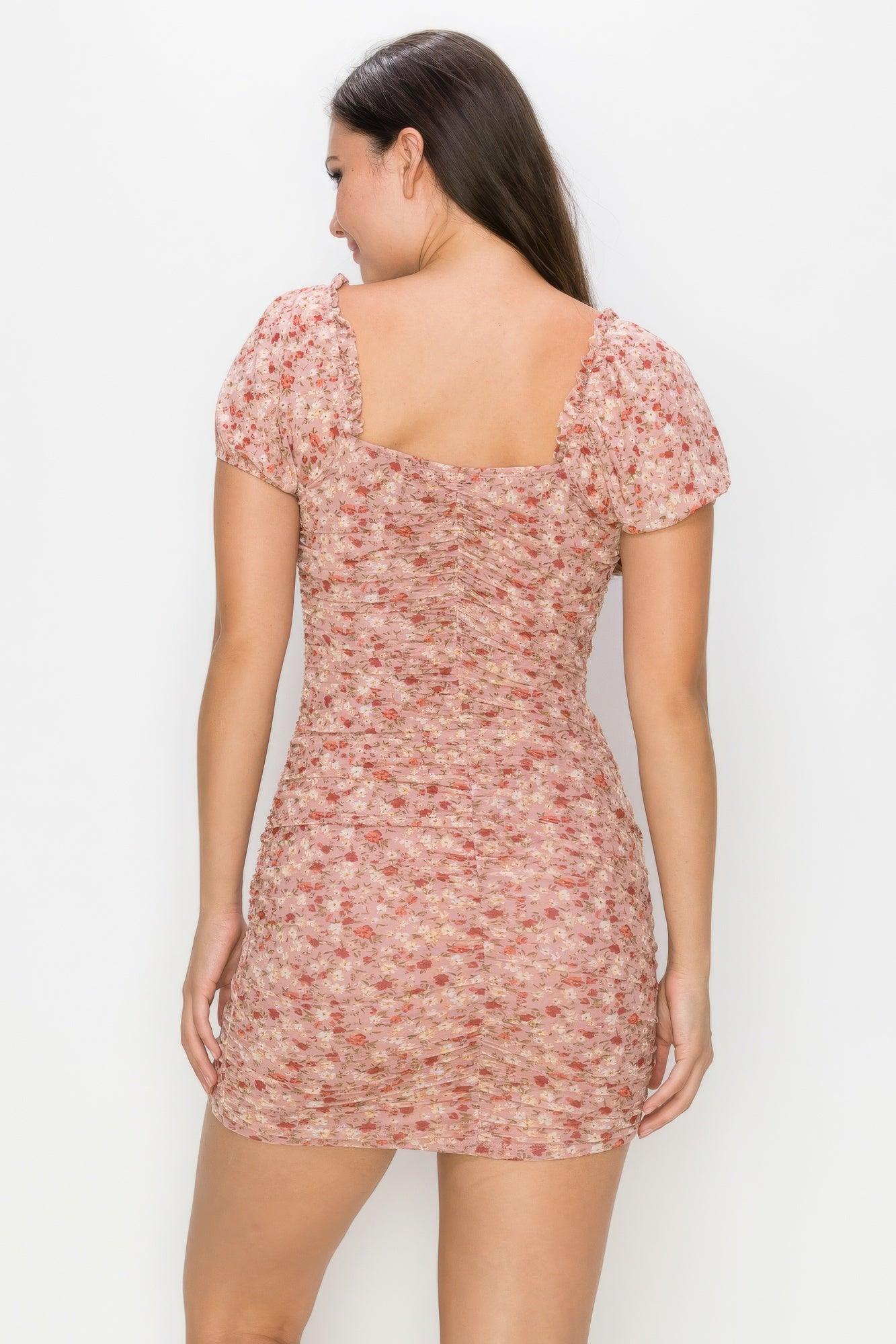 Ruched Floral Ruffled Bodycon Dress - AMIClubwear