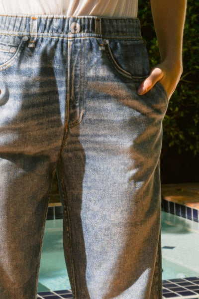 Waist Elastic High-rise, Straight Fake Denim Print Pants - AMIClubwear